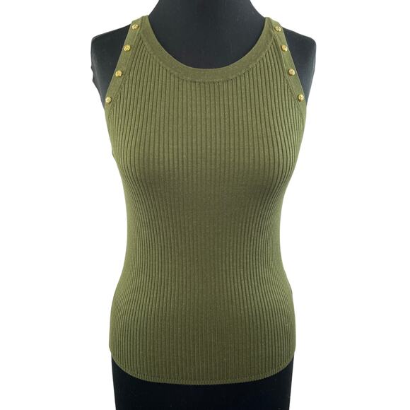 SANDRO Green Ribbed Knit Slim Fit Gold Charm Sleeveless Scoop Fitted Tank 3 - Picture 1 of 7